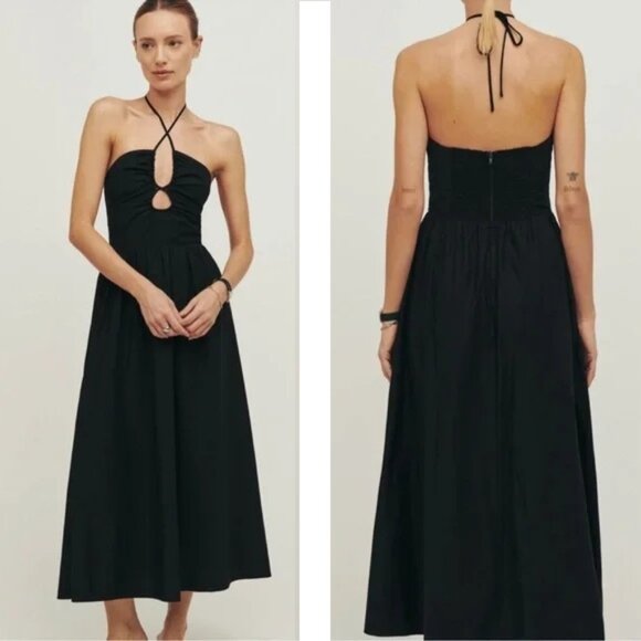 Reformation Black Stassie Dress Size 2 Halter Tie Neck Cutout Cotton Fit & Flare - Picture 1 of 7